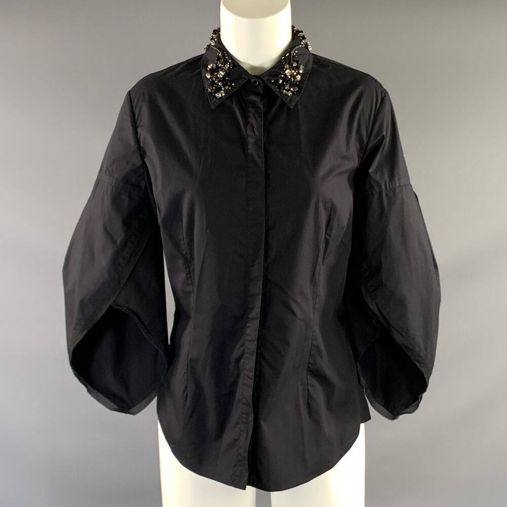 ZAC POSEN Size 12 Black Cotton Beaded Button Up Dress Top